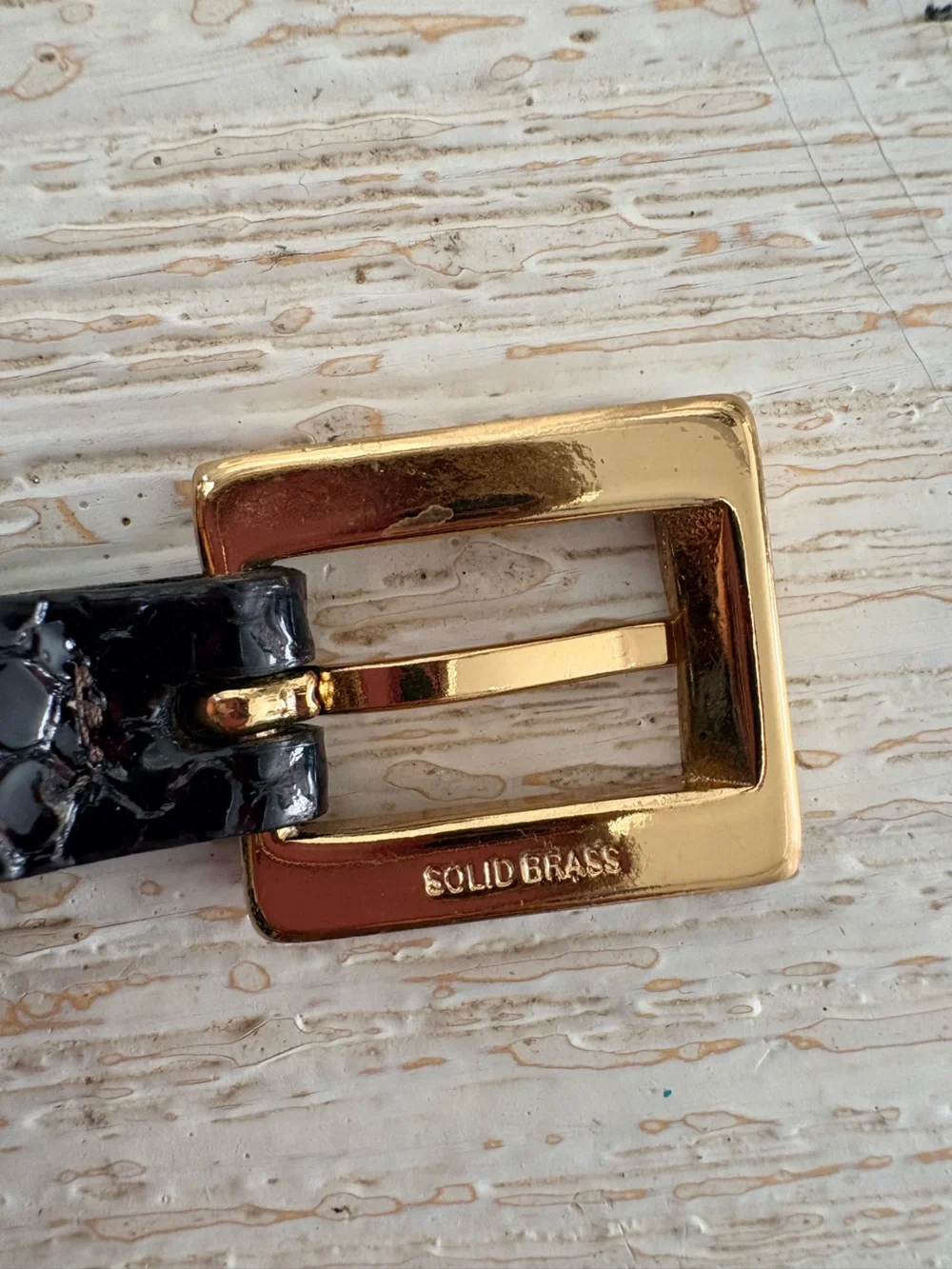The Worth Collection Croc Tortoise Patent Leather Brass Buckle Skinny Belt S/M